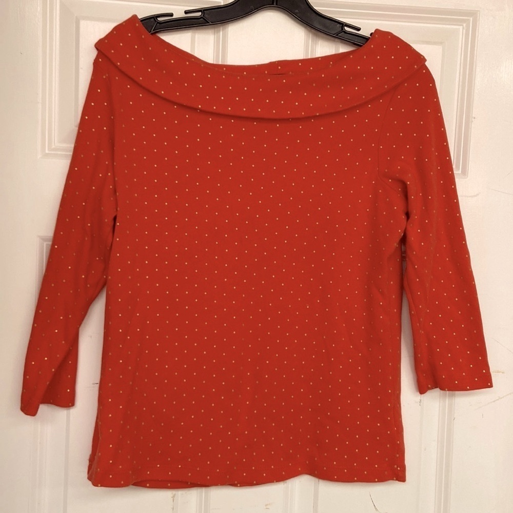 Rafaella bright orange with yellow polka dot top 3/4 sleeves beautiful neckline